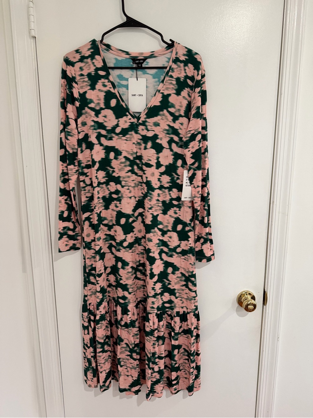 Saint Sofia Floral Midi Dress Pink Green Long Sleeve V Neck  Size 8 NWT